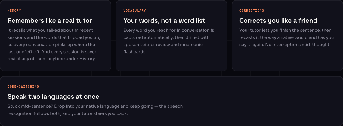 How Langusta works: memory of past sessions, auto-captured vocabulary, and live corrections